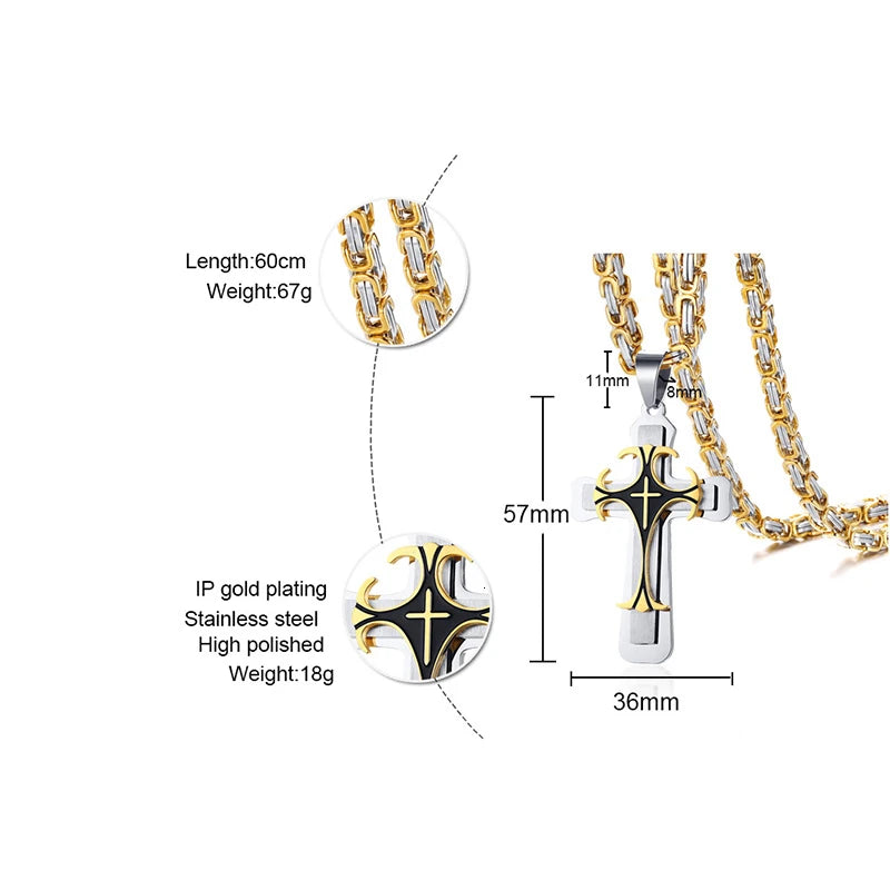 Chaine Homme Croix or/argent/noir Collier