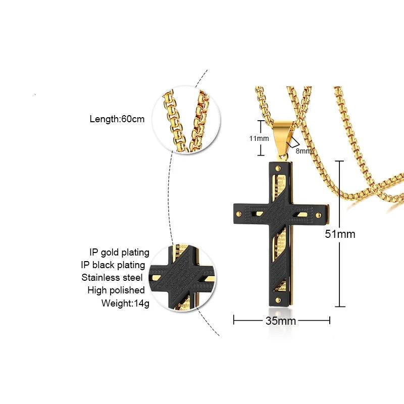 Chaine Homme Croix or/argent/noir Collier