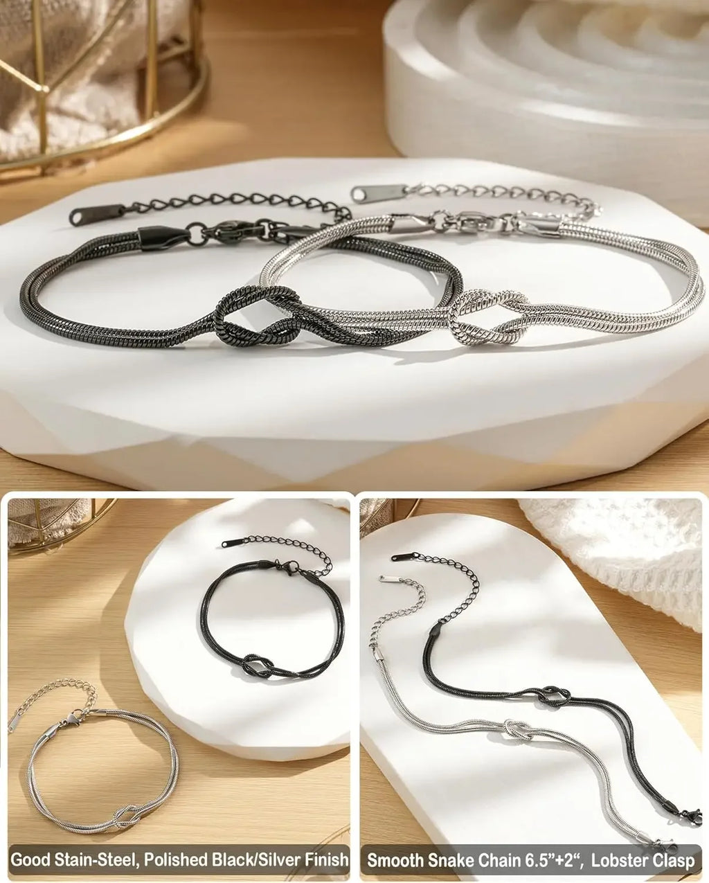 Bracelet Couple Métal "deux coeur, un noeud"